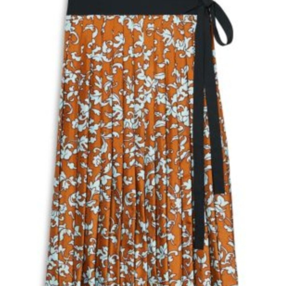 NWT TORY BURCH Printed Pleated Floral Orange Silk Wrap Midi Skirt $8498